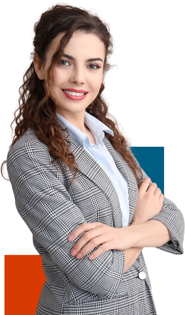 Üzleties megjelenésű nő összefont karokkal